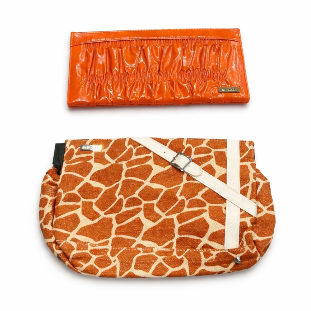 Miche Handbag Bundle of 2 Orange Patent Shell & Giraffe Print Clutch Purse Set